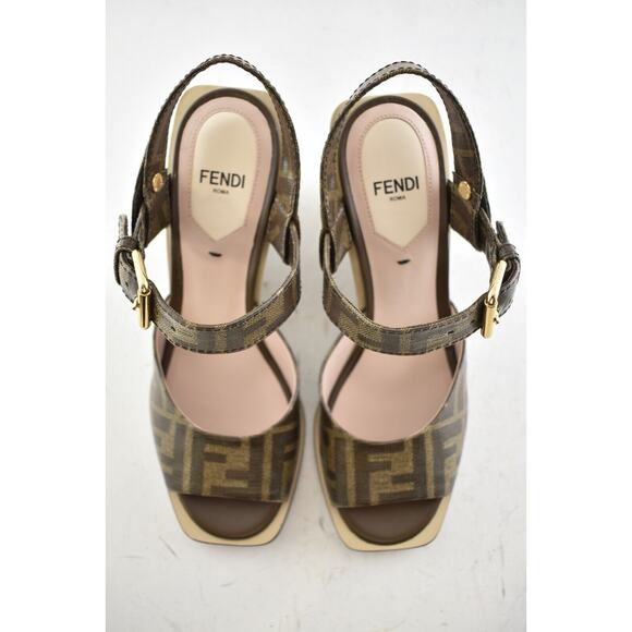 Fendi Dark Brown FF Motif Logo Ankle Strap Sandal Peep Toe Heel Pump Wedge 36.5 - Picture 6 of 11